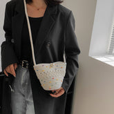 Sac à bandoulière en paille avec fil de coton pour téléphone portable, étui à clés, ajouré, découpe, fil de coton, décontracté, mignon, pour femmes